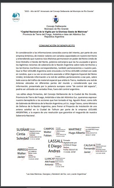 Concejales de Río Grande expresaron sus beneplácito a funcionarios nacionales por su accionar en el caso der radar británico