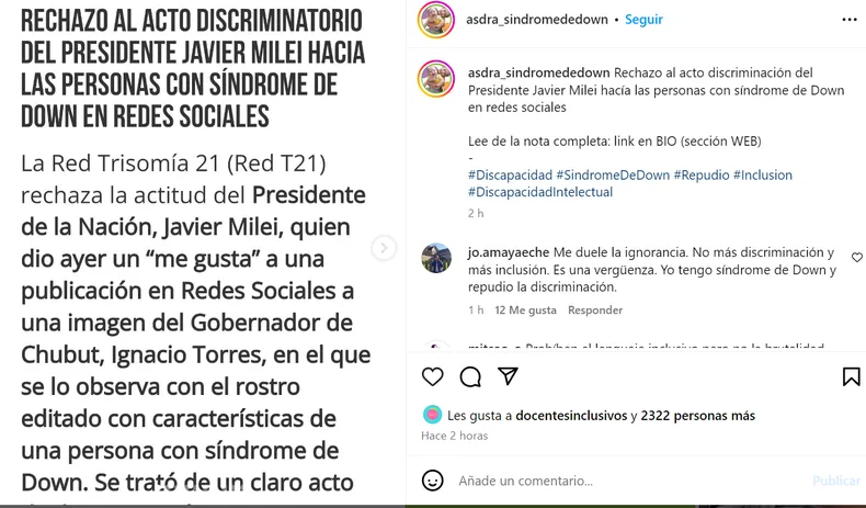 La Asociación Síndrome de Down exigió que Milei pida disculpas