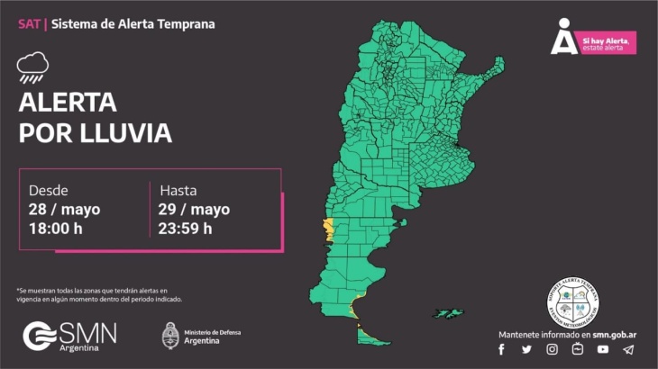 Rige una alerta por lluvias para Rio Grande y por nevadas para el resto de la provincia