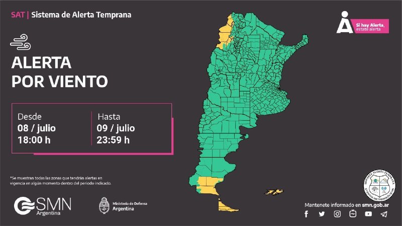 Alerta amarilla por fuertes vientos este 9 y 10 de julio