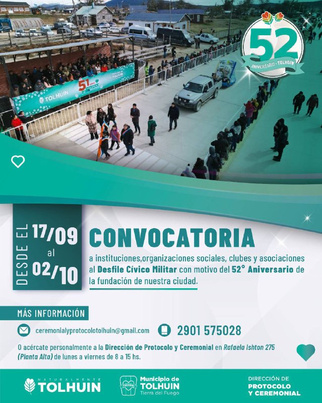 Tolhuin abre la convocatoria para el Desfile por el 52° aniversario de la ciudad