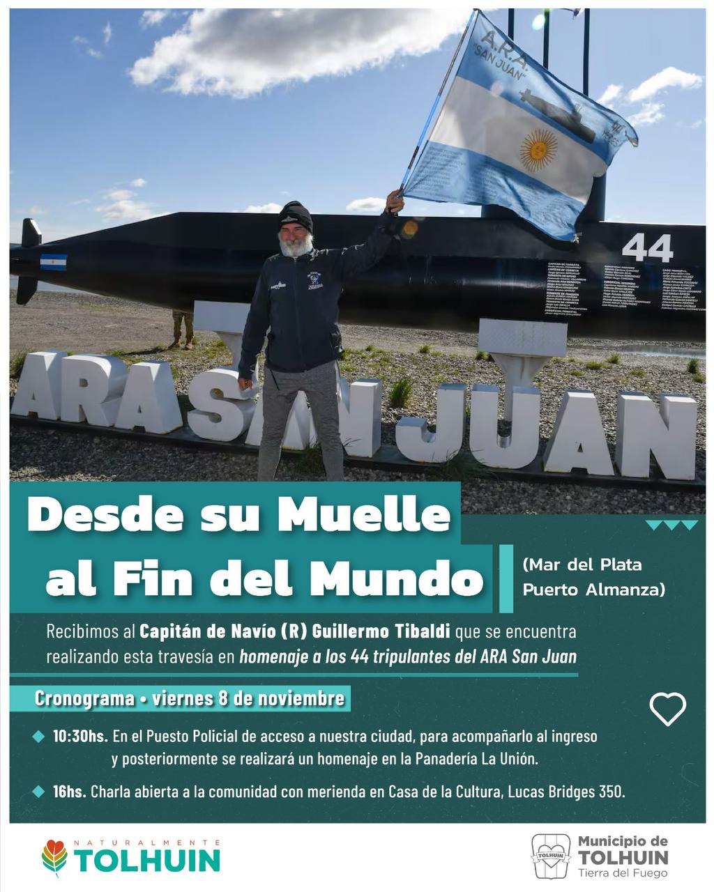 Guillermo Tibaldi llega a Tolhuin en su marcha por los tripulantes del ARA San Juan