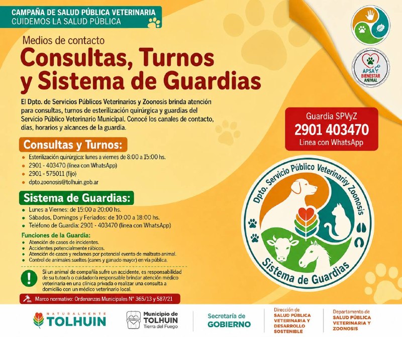 El Municipio de Tolhuin recuerda los canales de atención del Servicio Público Veterinario Municipal
