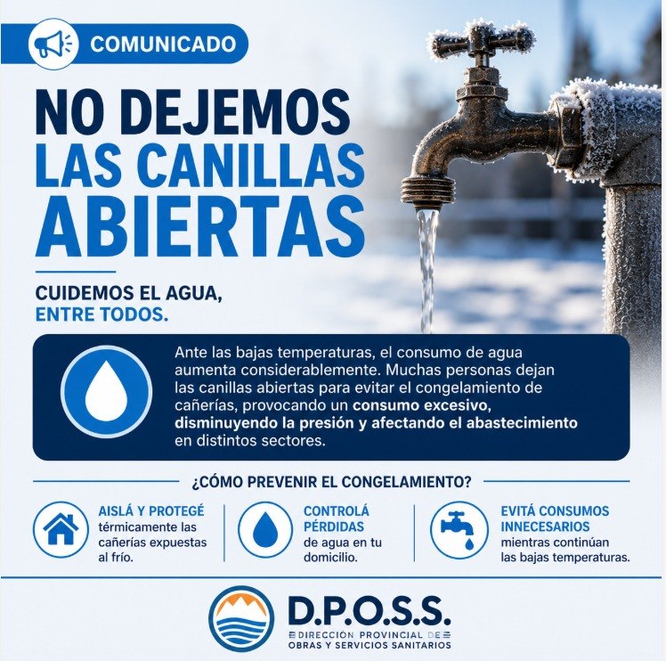 SE SOLICITA UN USO RESPONSABLE DEL AGUA POTABLE DURANTE EL INVIERNO