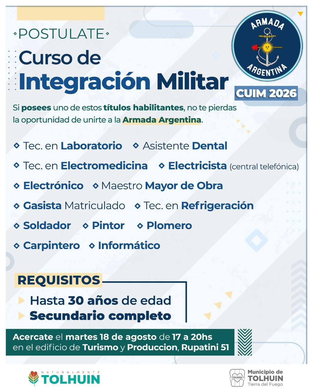 Municipio de Tolhuin acompaña una convocatoria local para postular al Curso de Integración de la Armada Argentina