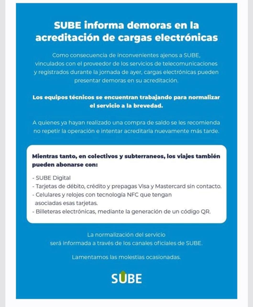 SUBE INFORMA SOBRE DEMORAS EN LA ACREDITACIÓN DE CARGAS SUBE